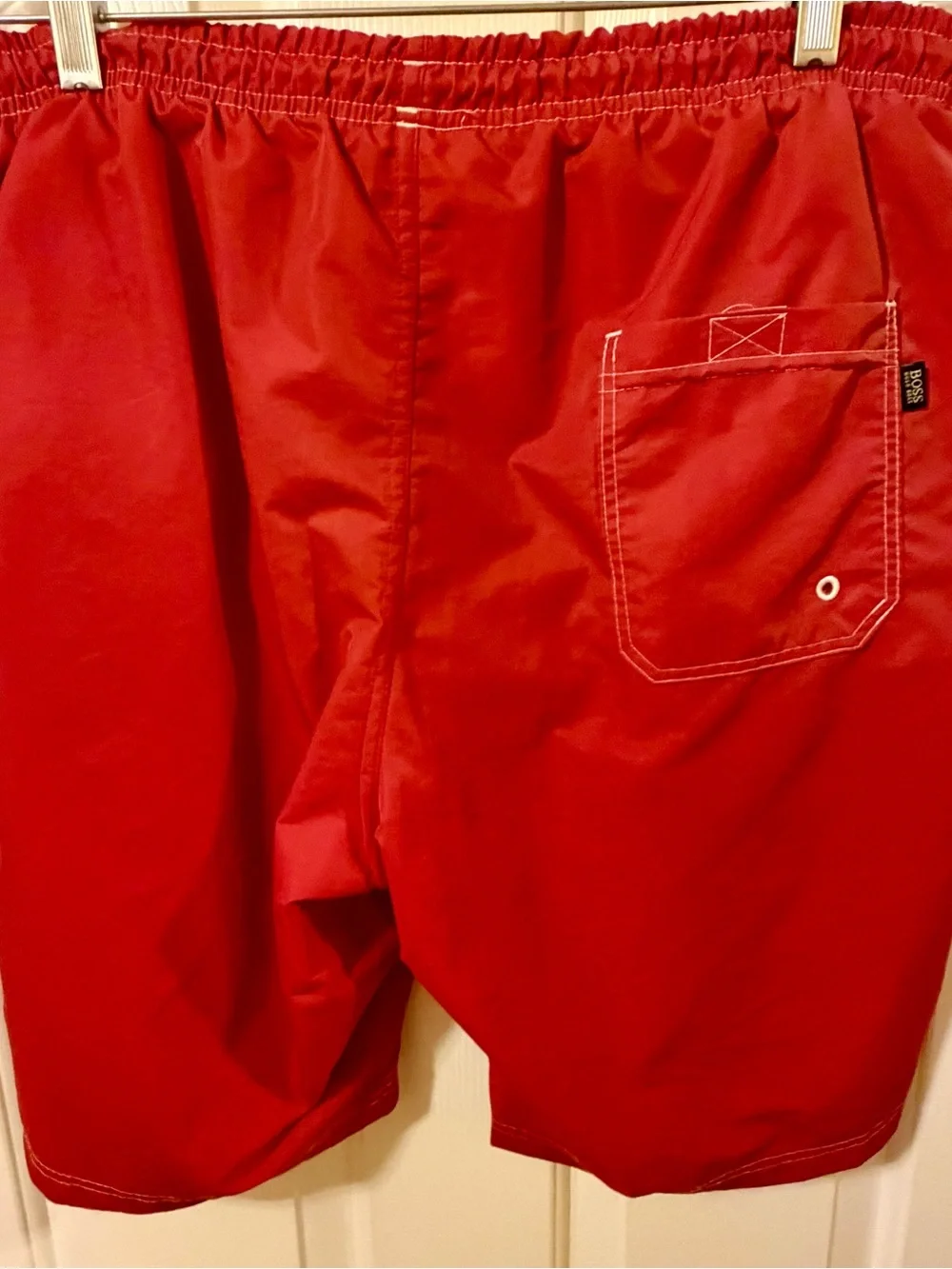BOSS Hugo Boss Swim Trunks Shorts Mens L Large Red Mesh Lined Elastic Waist Logo